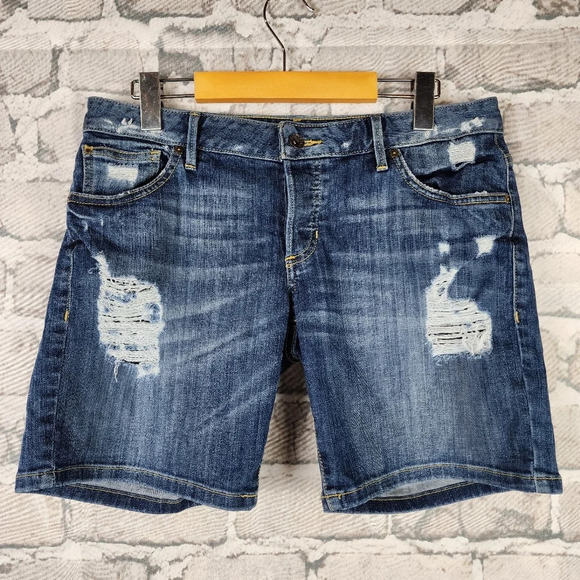 Guess Distressed Button Fly Short Dark Wash 5 Pocket Size  27 - Picture 1 of 14